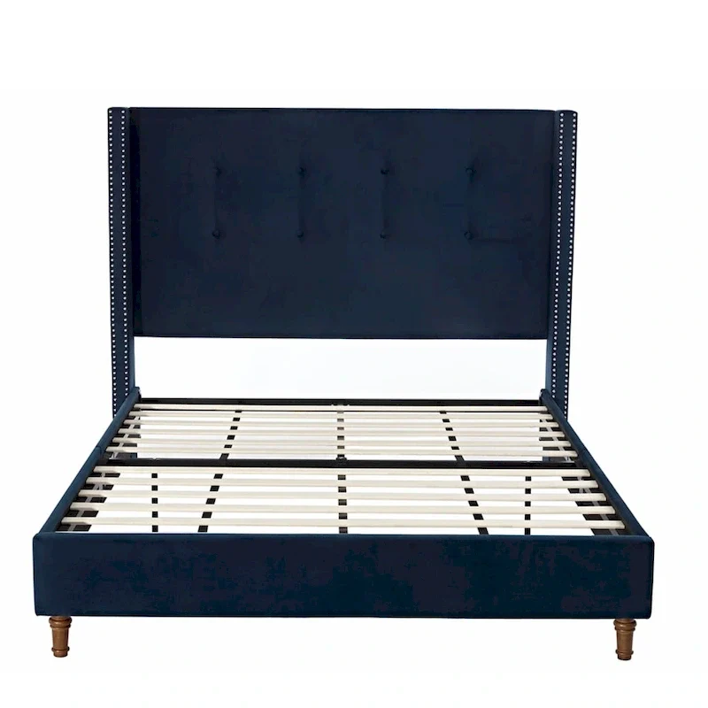 Velvet Upholstered Queen Bed - Wingback with Nailhead Trim