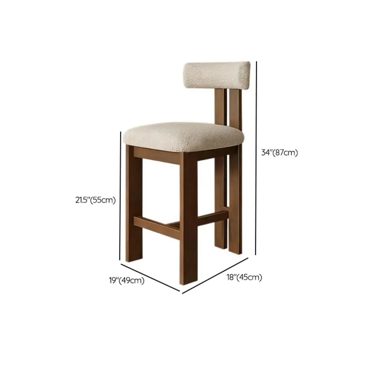 White Boucle Fabric Brown Wood Armless Bar Stools