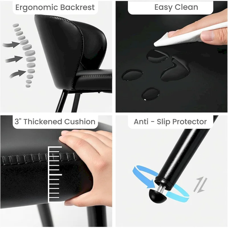 Upholstered Kitchen Chairs with Faux Leather Cushion Seat and Metal Legs, Mid Century, Black,Set of 2