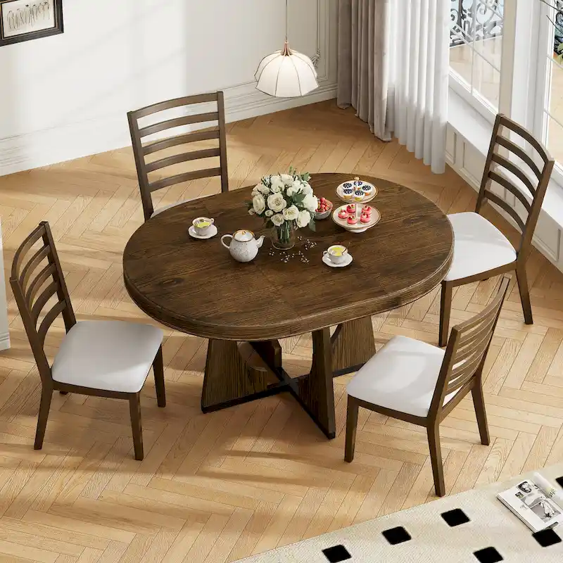 5-Piece Rustic Functional Dining Set, 1 Extendable Table with a 16-inch Leaf and 4 Upholstered Chairs