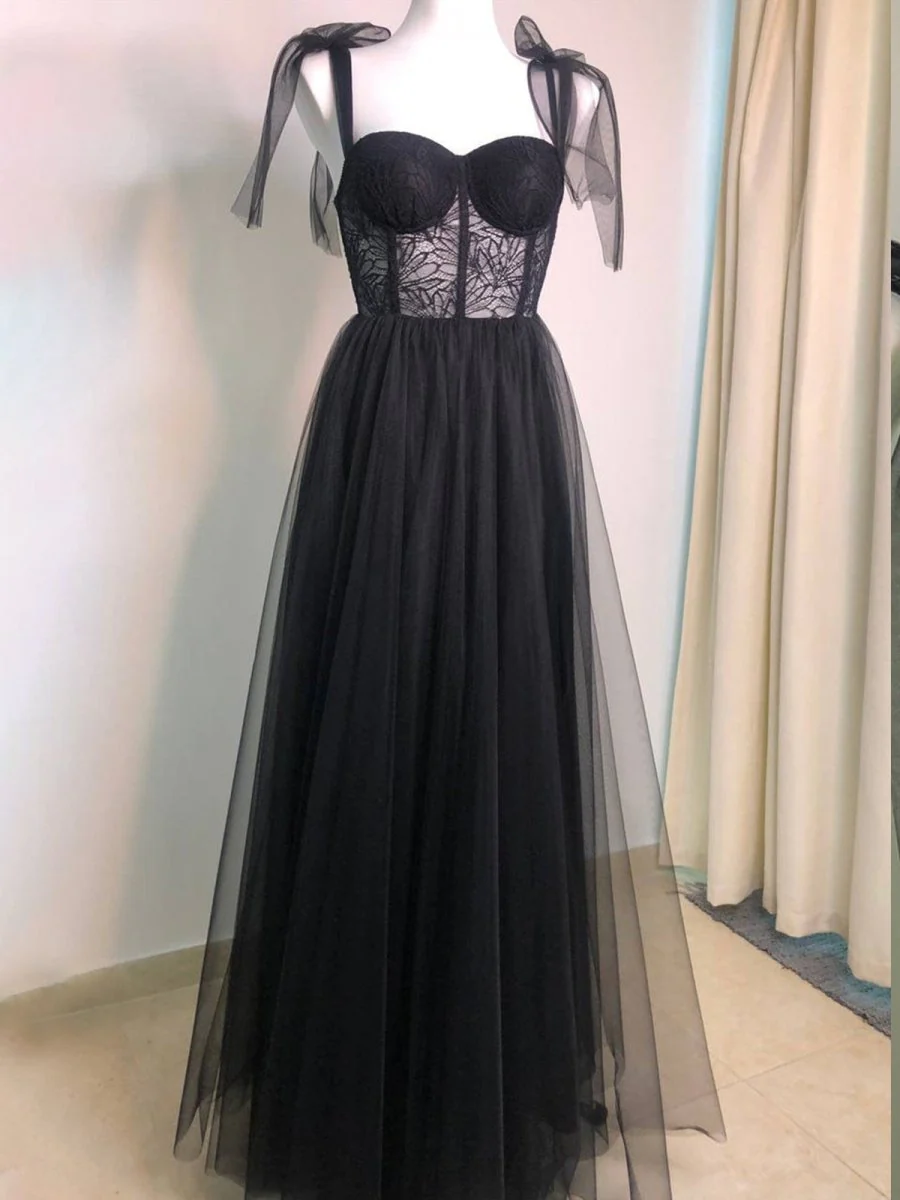 A-line Black Lace Corset Tulle Long Prom Dress