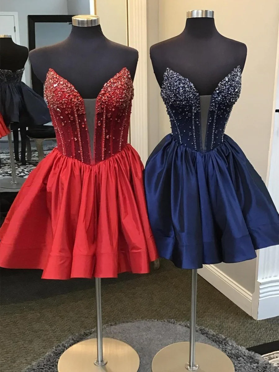 Navy Blue - V Neck A-line Short Homecoming Dress With Beadings