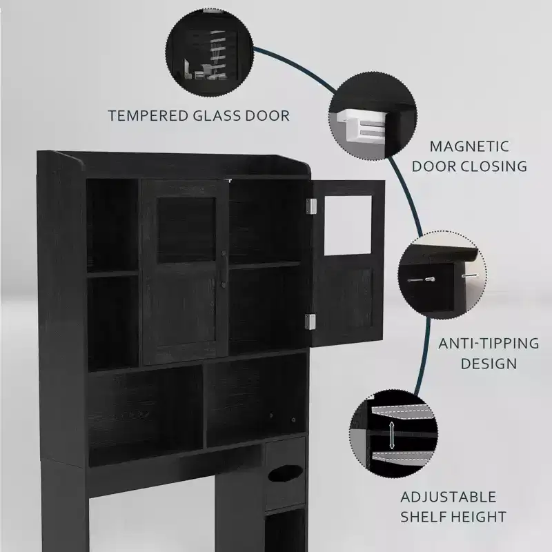 Modern Over Toilet Storage Cabinet, Glass Door & Sliding Barn Doors, Adjustable Shelf, for Laundry Room, Bathroom