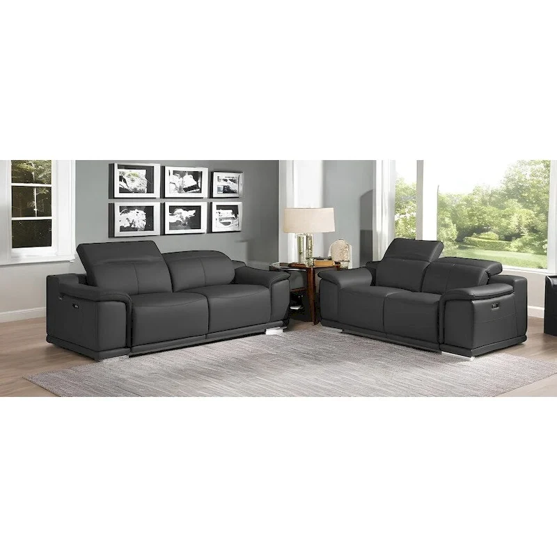Dark Gray Italian Leather Power Reclining Sofa and Loveseat