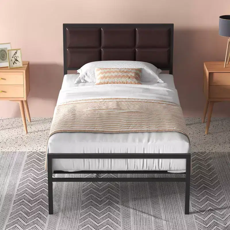 GustoWave Metal Bed Frame, Heavy Duty Metal Bed Platform w/Faux Leather Upholstered Chocolate Headboard, 10 in Under Bed Storage