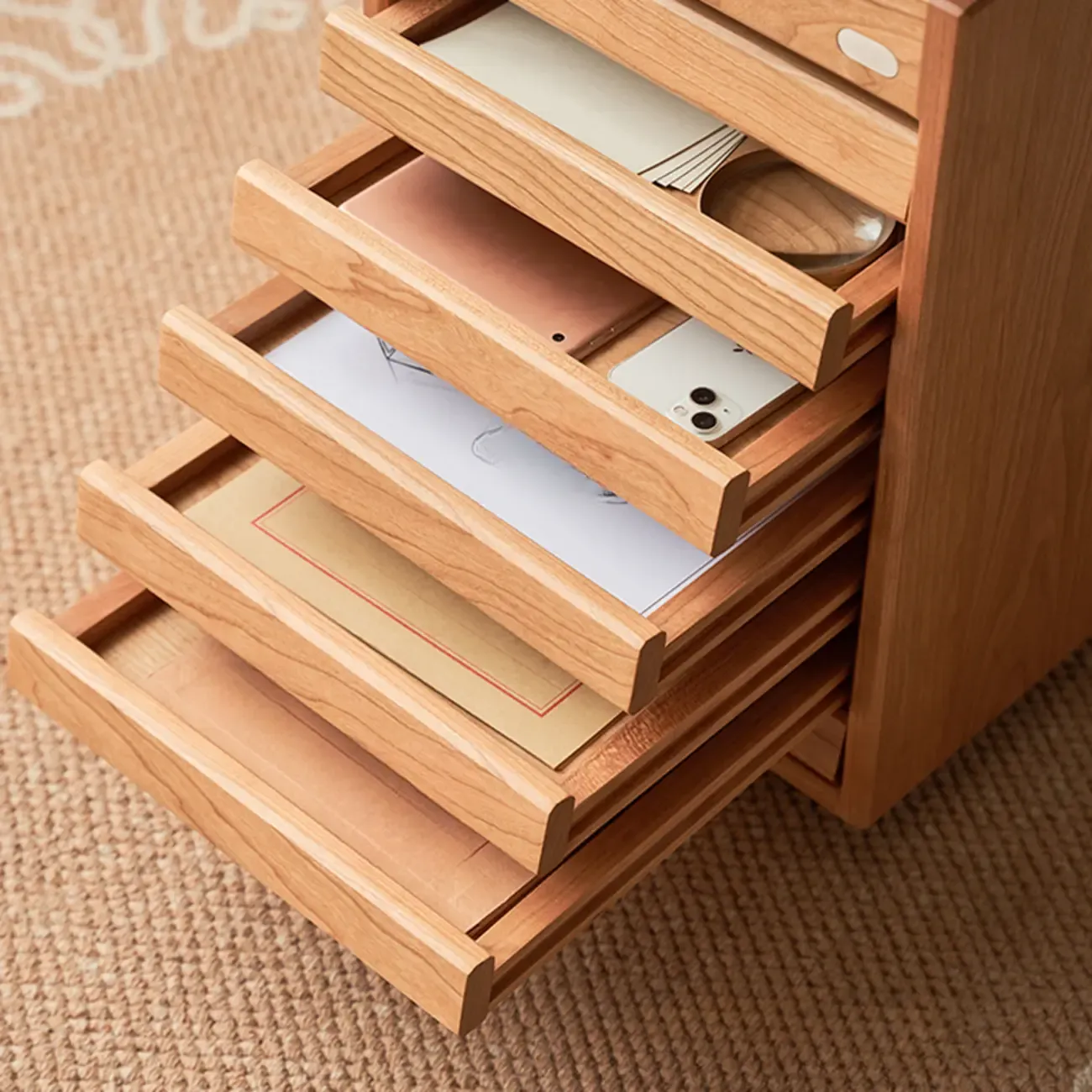 Modern Cherry Wood Rolling Side Table with Drawers