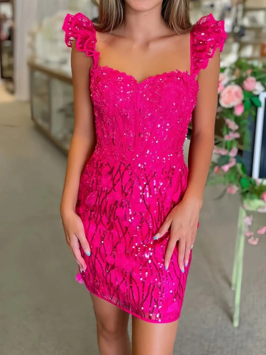 Fuchsia - Bodycon Off The Shoulder Sequins Short Homecoming Dresses