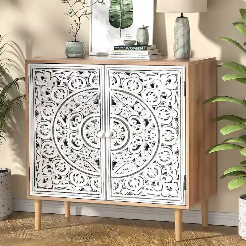 2-Door Hollow-Carved Wood Buffets and Sideboards Storage Cabinet for Living Room - 31.5 W x 13.78 D x 30.71 H