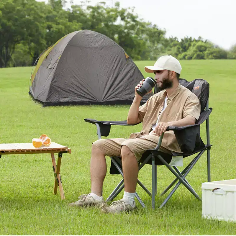 VEVOR Camping Folding Chair for Adults, Portable Heavy Duty Outdoor Quad Lumbar Back Padded Arm Chairs with Side Pockets, Cup Holder and Cooler Bag