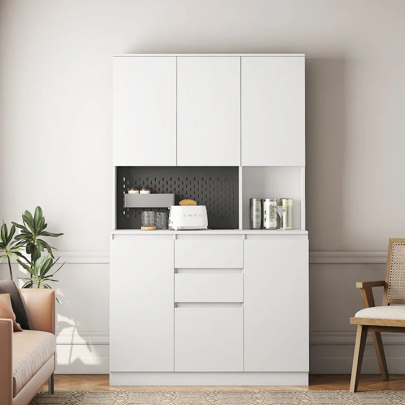 74  Kitchen Pantry Cabinet with Charging Station,Freestanding Buffet Cupboards Sideboard with Drawer,with Microwave Stand