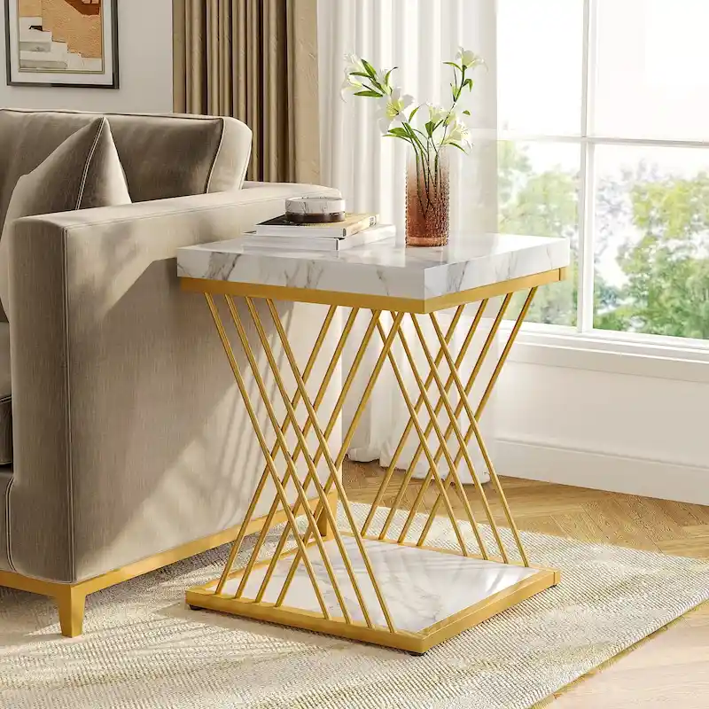 Square End Table, Mid-Century Modern Style, Faux Marble White+Gold / Grey+Black