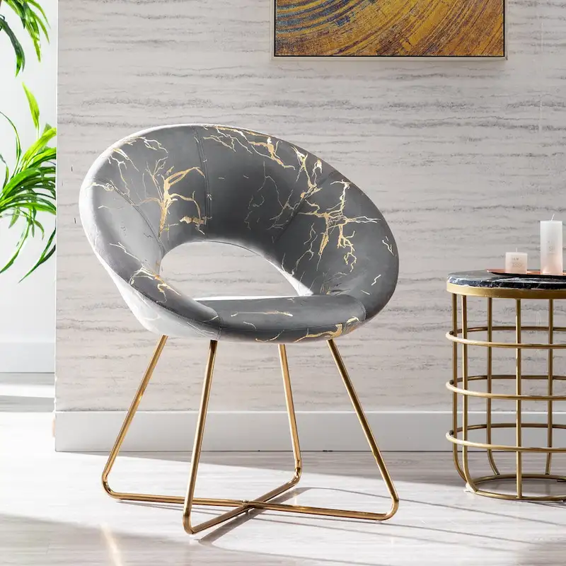 Black / Dark Green / Grey Gold-Print Velvet Accent Chair with Open-Cutout Back & Metal Crisscross Base, 1-Person