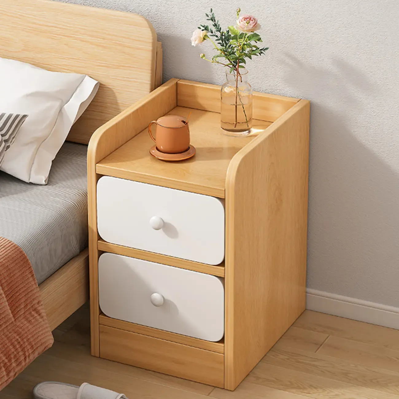 Simple White Natural Wood 2-Drawer Nightstand