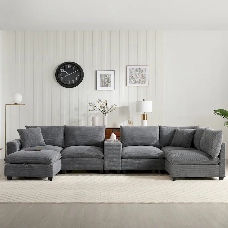 U Shaped Chenille Sofa w/Ottoman,Console,Cup Holder,Wide Seat,USB