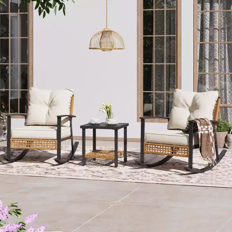 LAUSAINT HOME 3 Pieces Rocking Bistro Set Oversize Rattan Conversation Set Thick Cushions for Garden