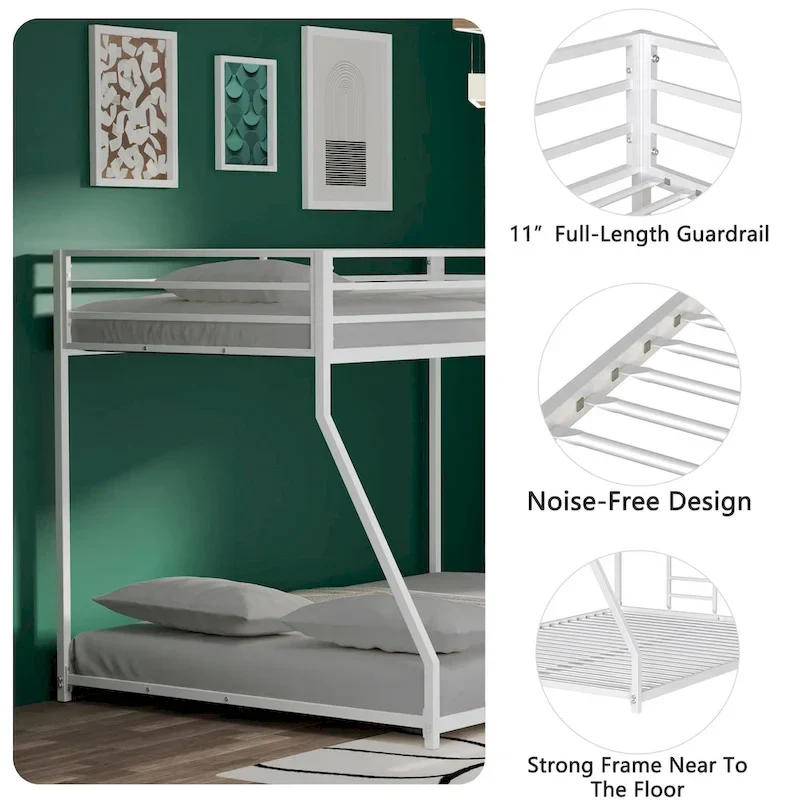 White Twin over Full Metal Bunk Bed with Ladder & Guardrail – Sleeps 2