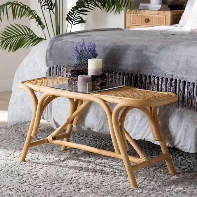 Septa Modern Bohemian Natural Brown Rattan Accent Bench