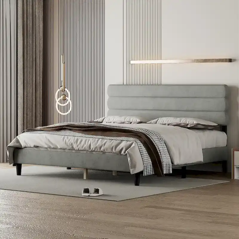 Light Grey / Dark Grey / Green Upholstered Platform Bed Frame with Headboard, Full Size, For 2
