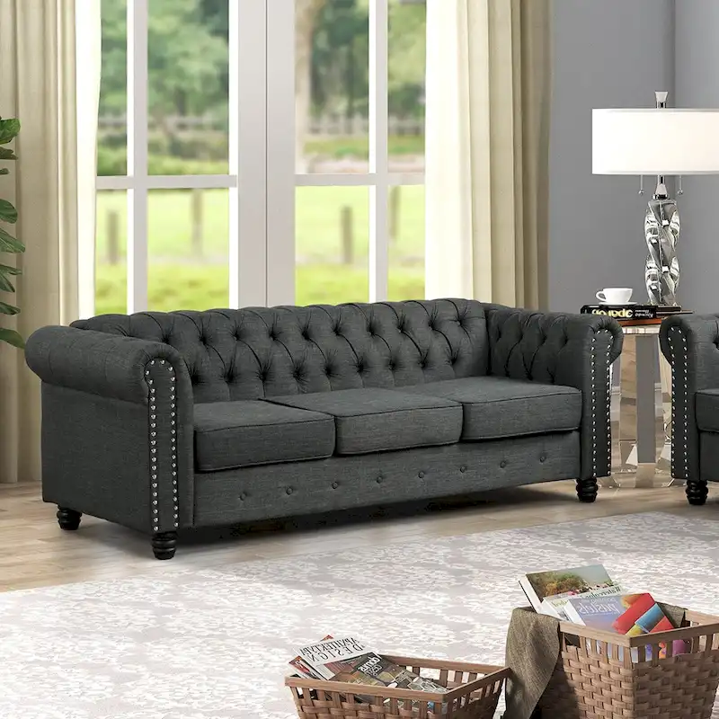 Linen Chesterfield Sofa with Button Tufted, Nailhead and Solid Wood Legs
