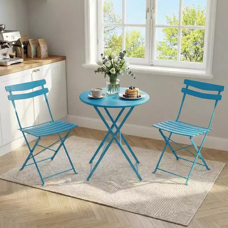 GustoWave 3-Piece Foldable Metal Bistro Set With Round Table, 2 Chairs