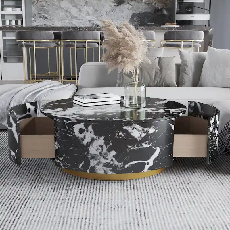Modern Faux Marble Round Coffee Table Center Table with 2 Drawers, Fully Assembled