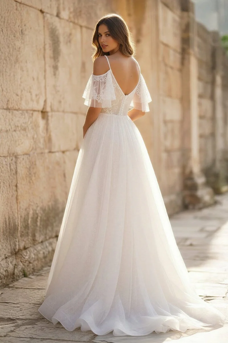 A-line V-neck Pearl Embellished Tulle Lace Floor Length Prom Dresses