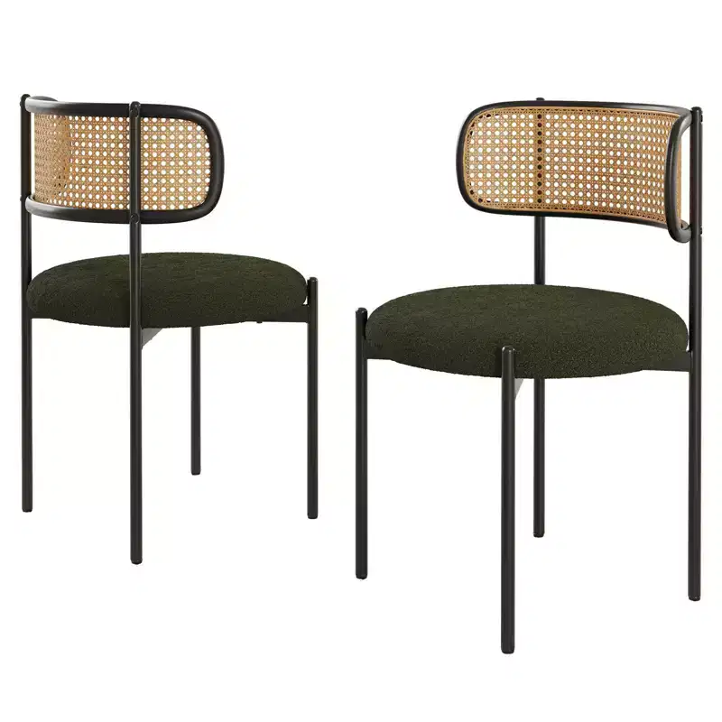 PexFix 2Pcs Modern Upholstered Dining Chairs Rattan Back Dining Room Chairs Accent Kitchen Chairs with Metal Legs Green