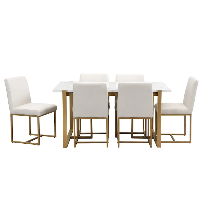 Modern Rectangular Dining Set - Faux Marble Table and 6 Upholstered Chairs