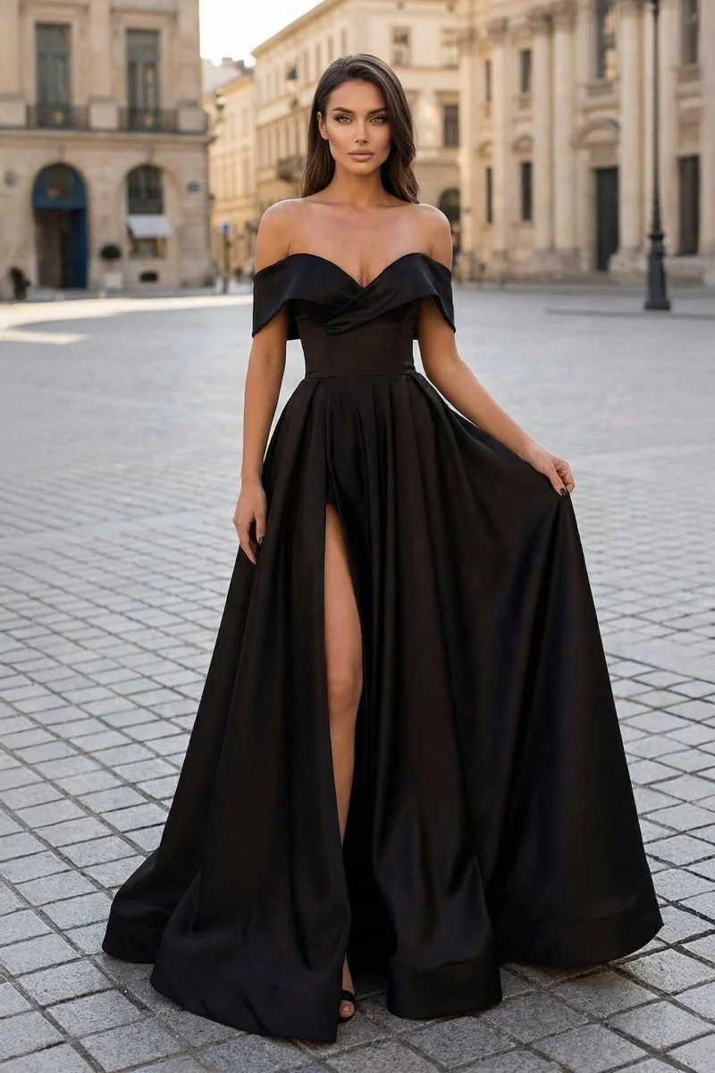 A-Line Prom Dresses Celebrity Style Dress Christmas Sleeveless Off The Shoulder Satin with Slit