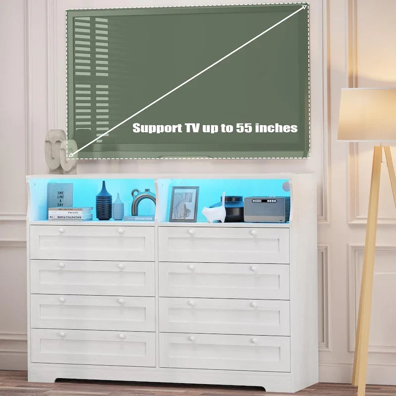 Modern Wood Dresser with 8 Drawers, Bedroom Dresser with Charging Station & LED Lights