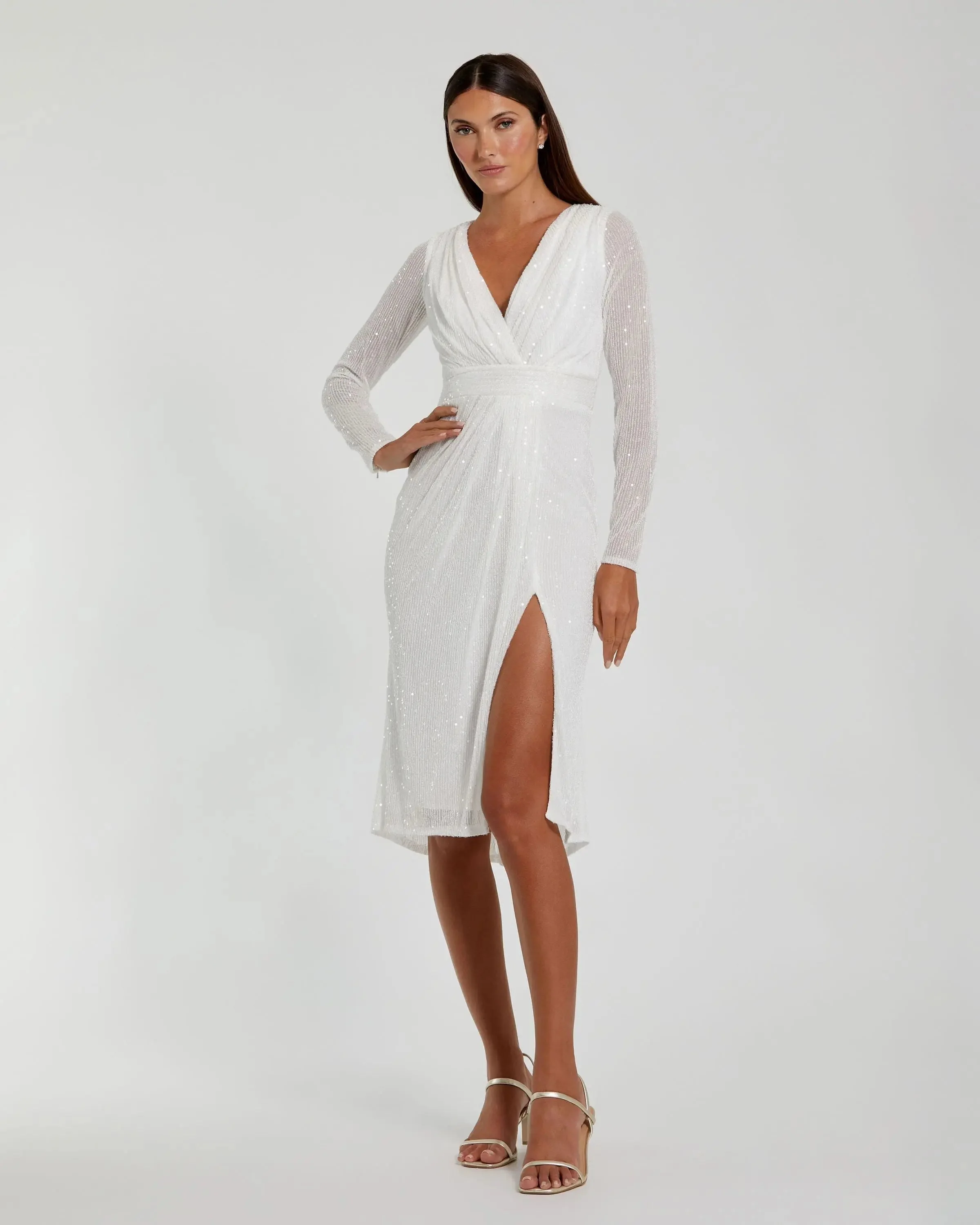 White Long Sleeve Sequined Midi Dress