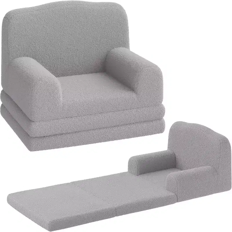 2-in-1 Kids Convertible Sofa & Lounger, Machine Washable Teddy Fleece Toddler Couch Bed, Soft Fold Out Couch Lounger for Kids, (Crown)