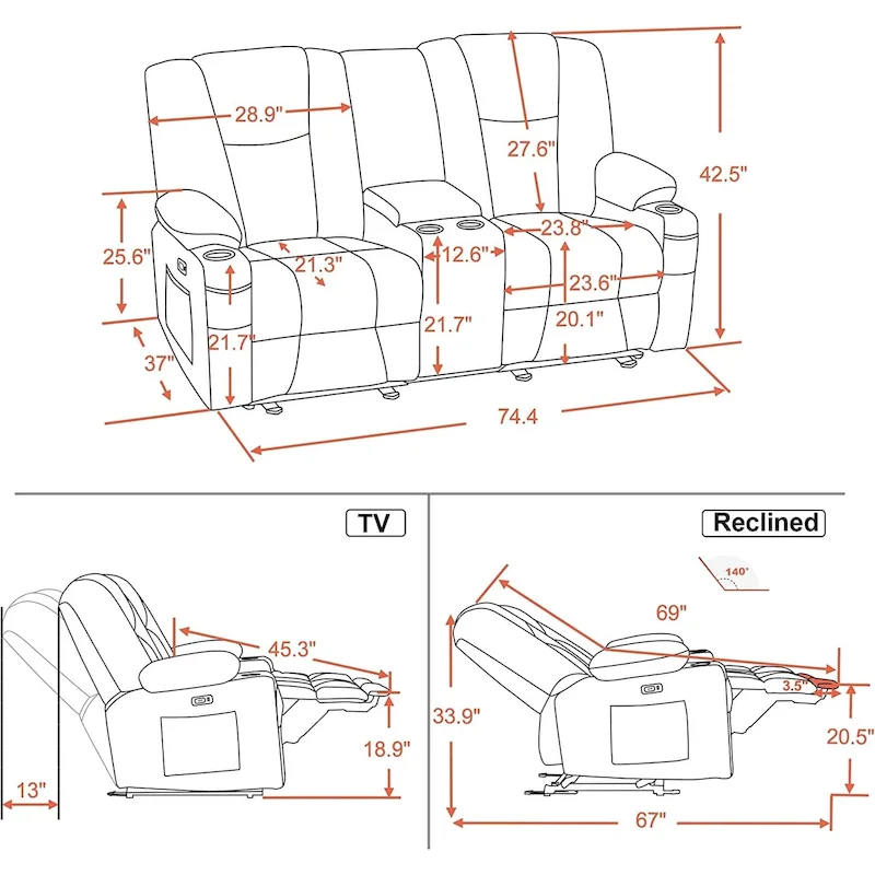 Electric Power Reclining Sofa with Massage and Lumbar Heat, Fabric