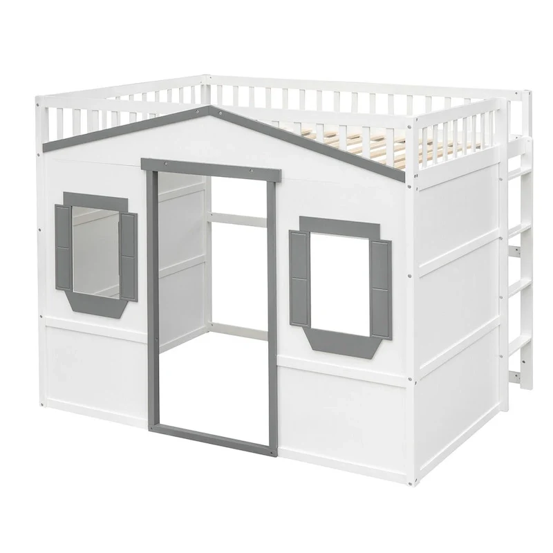 White+Gray Castle Style Solid Pine Wood Loft Bed with Ladder and Guard Rails