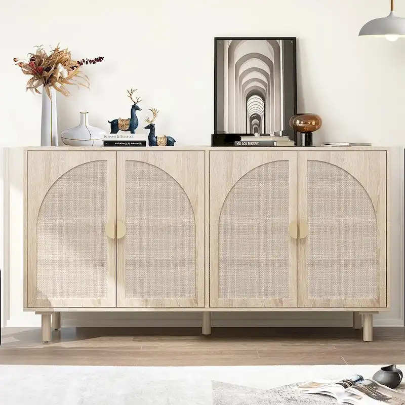 Natural Rattan 4-Door Storage Cabinet with Adjustable Shelves