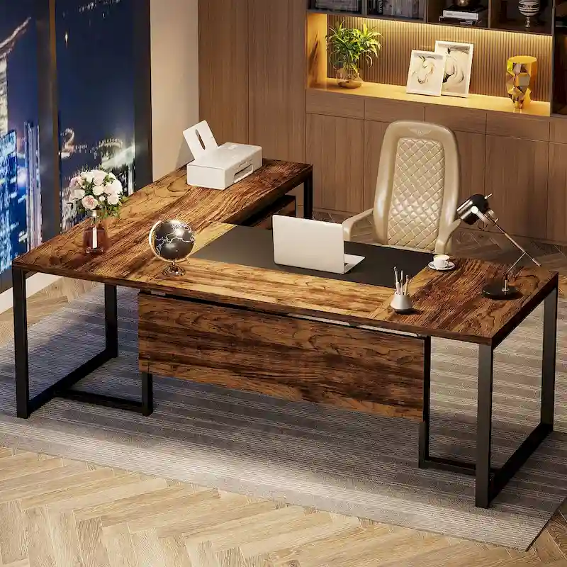 70.8 Inch Executive Desk with File Cabinet Large L Shaped Office Executive Desk Computer Desk