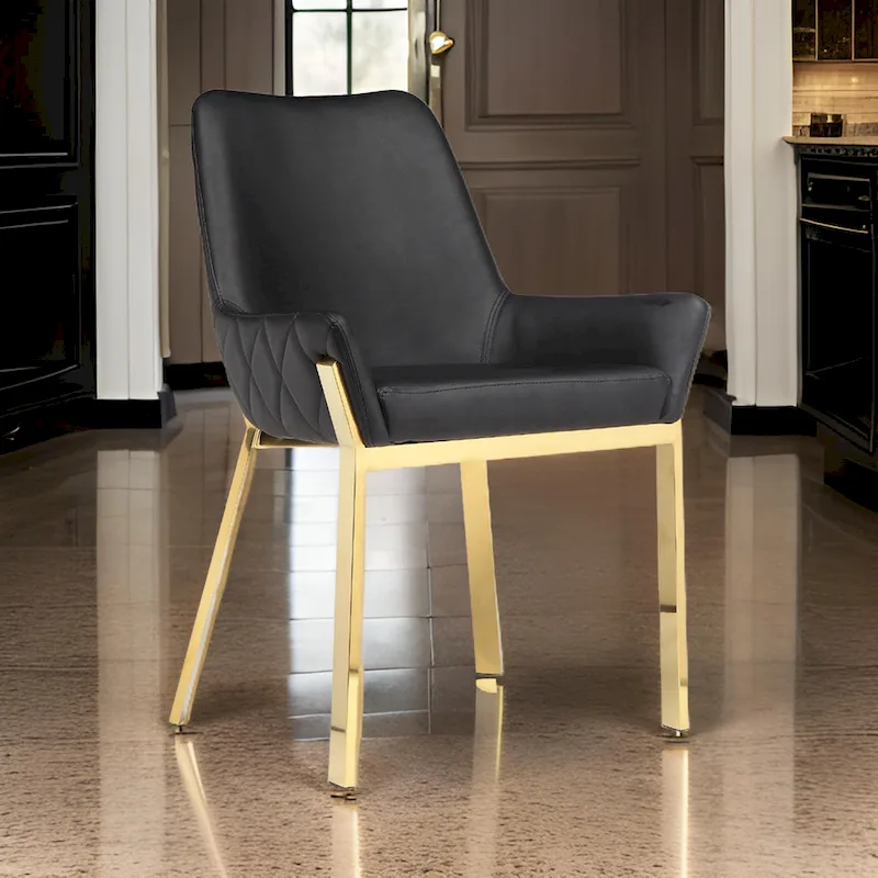 23 Inch Dining Accent Chair Set of 2, Tufted, Black Faux Leather, Gold