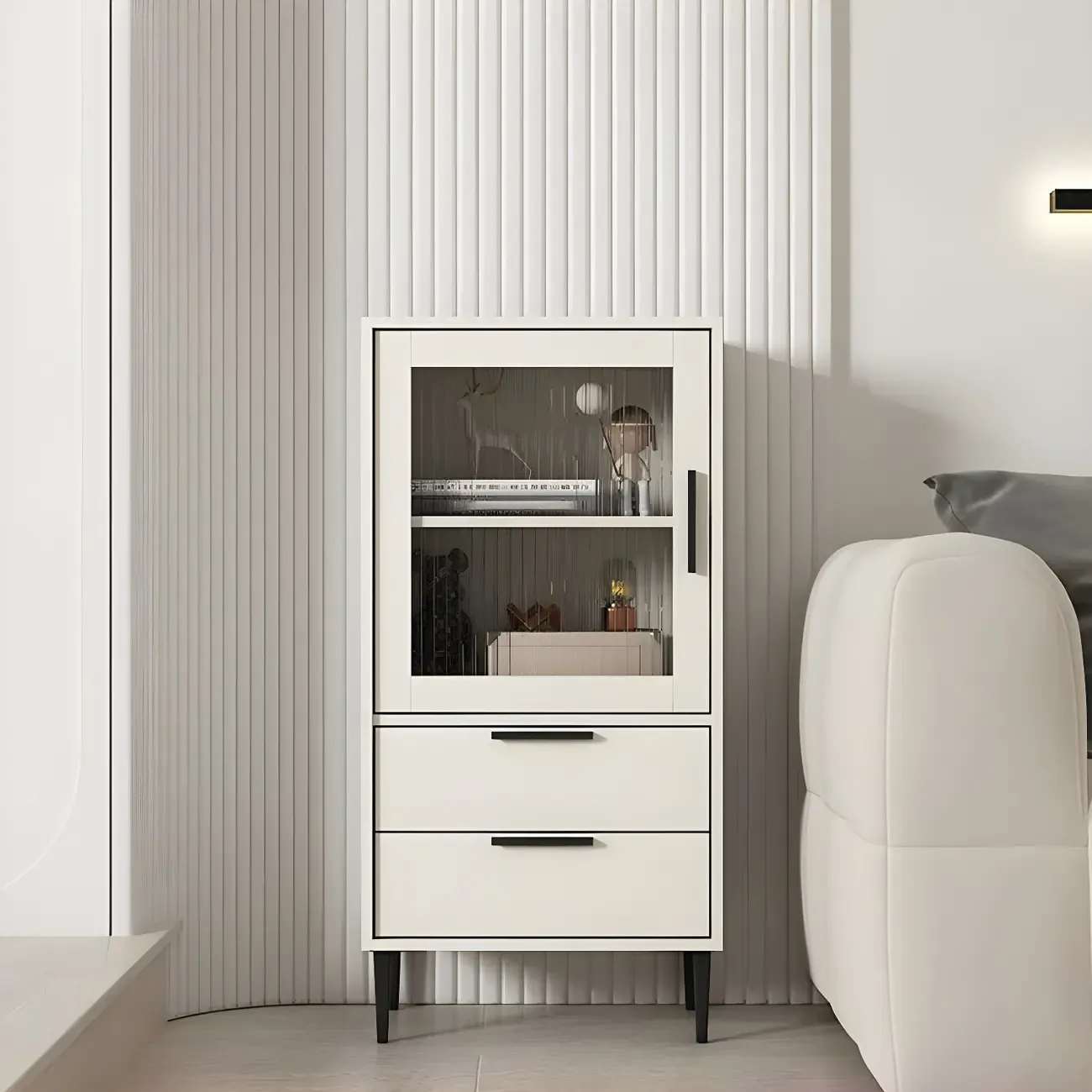 Modern Stylish Cream White Wood Glass Storage Cabinet