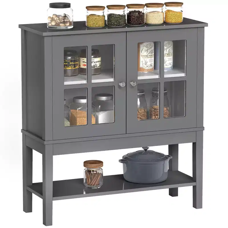HOMCOM Kitchen Credenza & Sideboard Buffet Cabinet with 2 Glass Doors & Storage Shelves