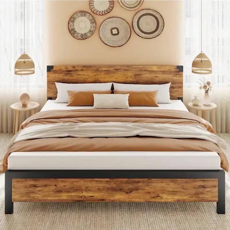Bed Frame with Wood Headboard, Platform Bed Frame with Under Bed Storage