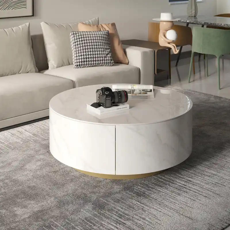 Modern Marble Top Round Coffee Table with Metal Base and 2 Drawers