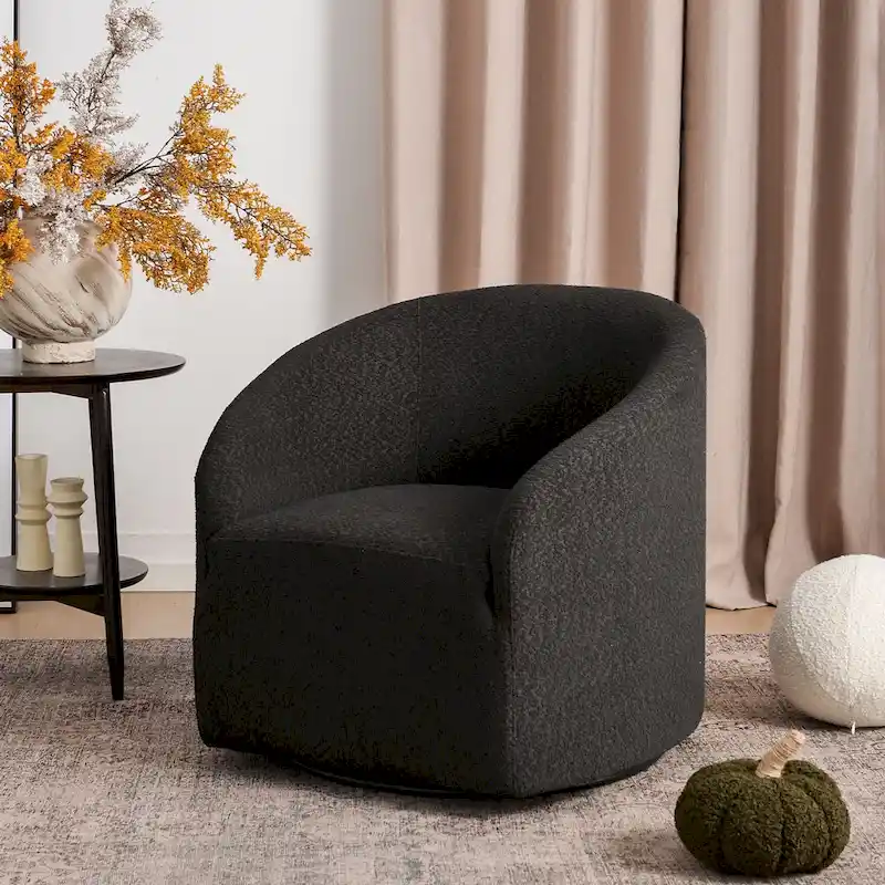 KINWELL 32 W Boucle Upholstered Swivel Barrel Accent Armchair