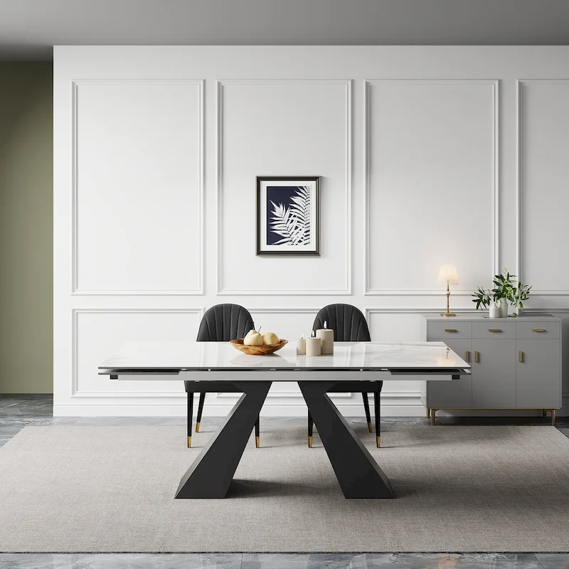 9 - Piece 110.24 Extendable Sintered Stone Dining Table and 8 Leather Chairs Dining Set