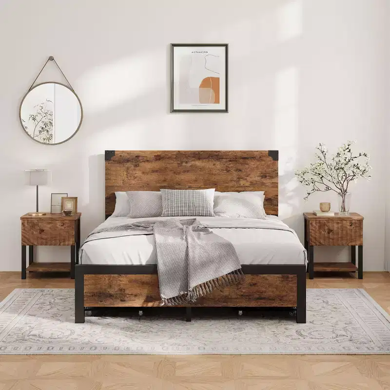 Queen Size Bed Frame with 4 Storage Drawers and Heavy Duty, Strong Metal Support Bed Frame with Wooden Headboard, No Box Spring Needed, Easy Assembly