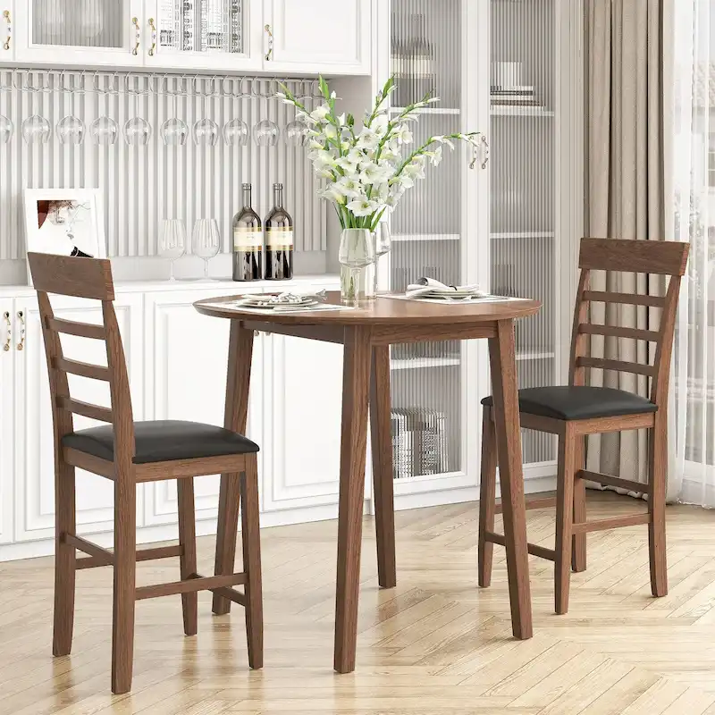 3PCS Retro Round Counter Height Drop-Leaf Table Set