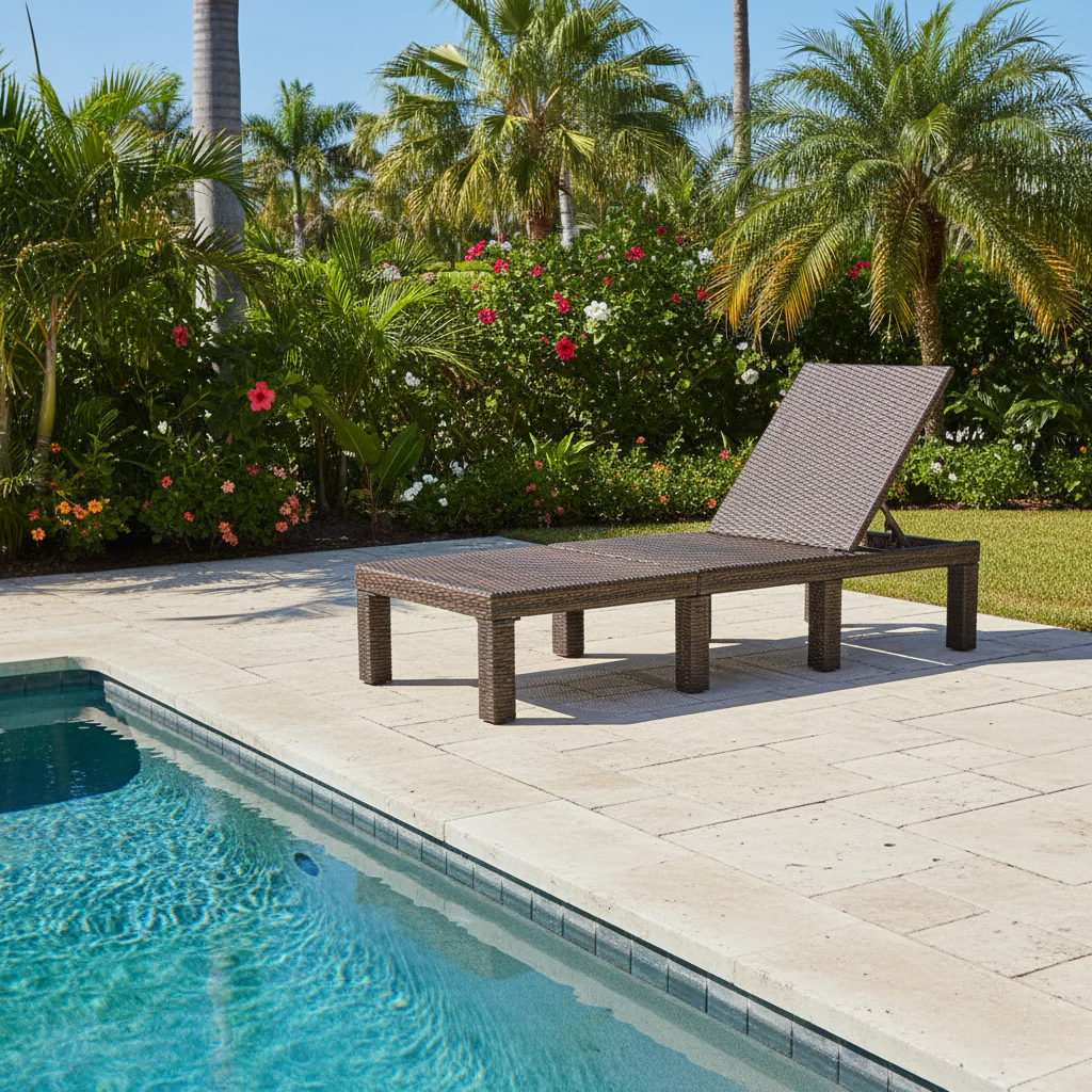 Outdoor Chaise Lounger, PE Wicker, Iron Frame, Adjustable Backrest, Brown, 1-Person Use