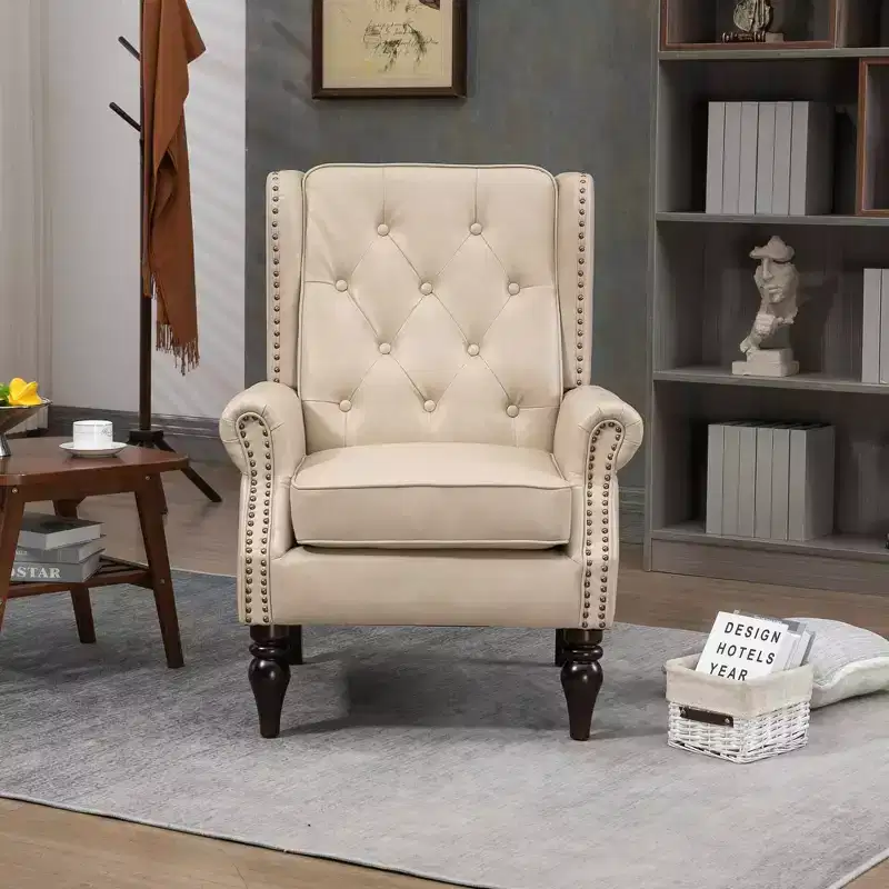 MAYEERTY Wood Frame Armchair, Sturdy Wood Legs, Living Room Bedroom, Black PU
