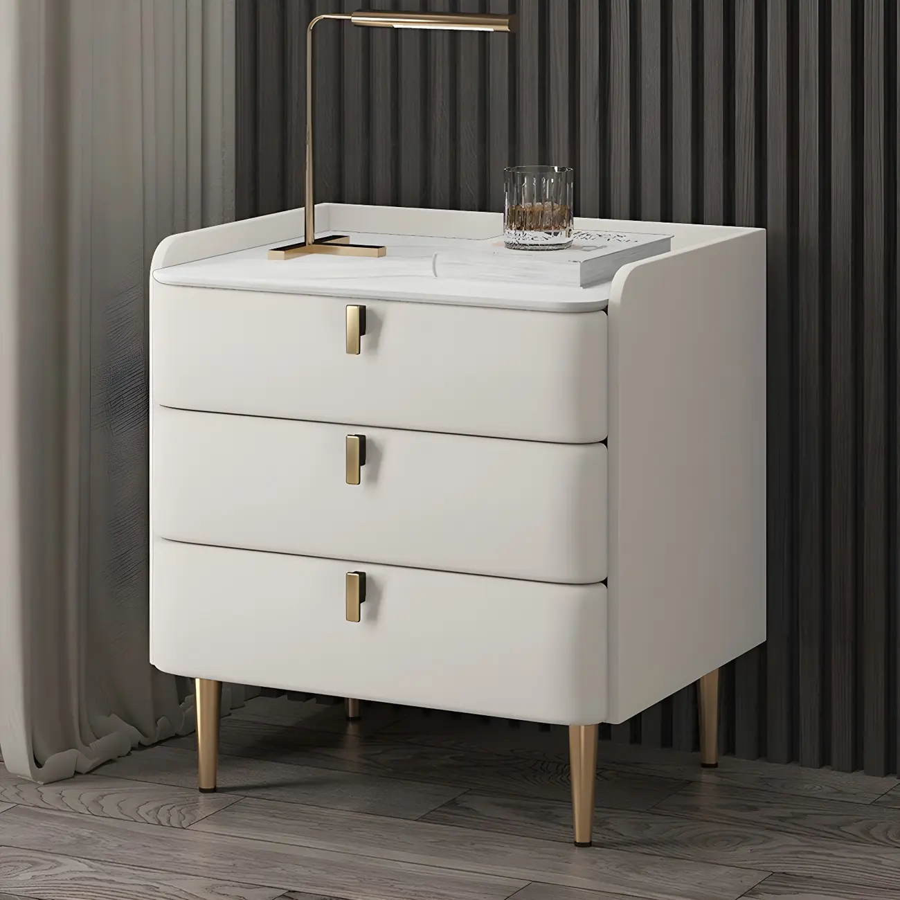 Glam Leather Sintered Stone Top Nightstand with Drawers