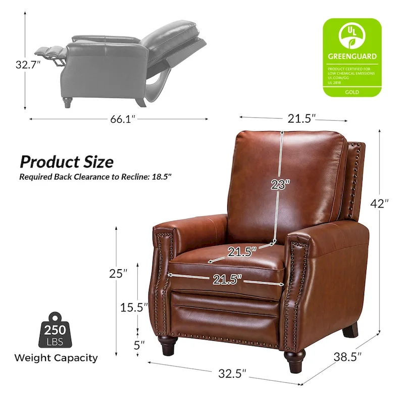 Cigar Mid-century Modern Genuine Leather Recliner with Nailhead Trim Set of 2 by HULALA HOME