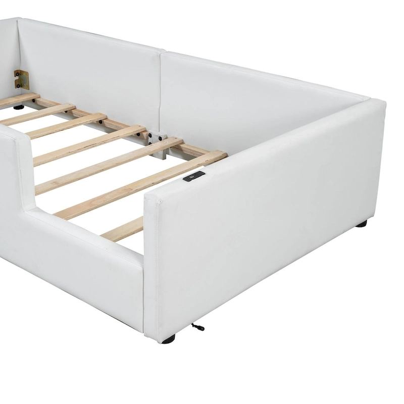 Twin Upholstered Bed with Guardrail & Charging Station